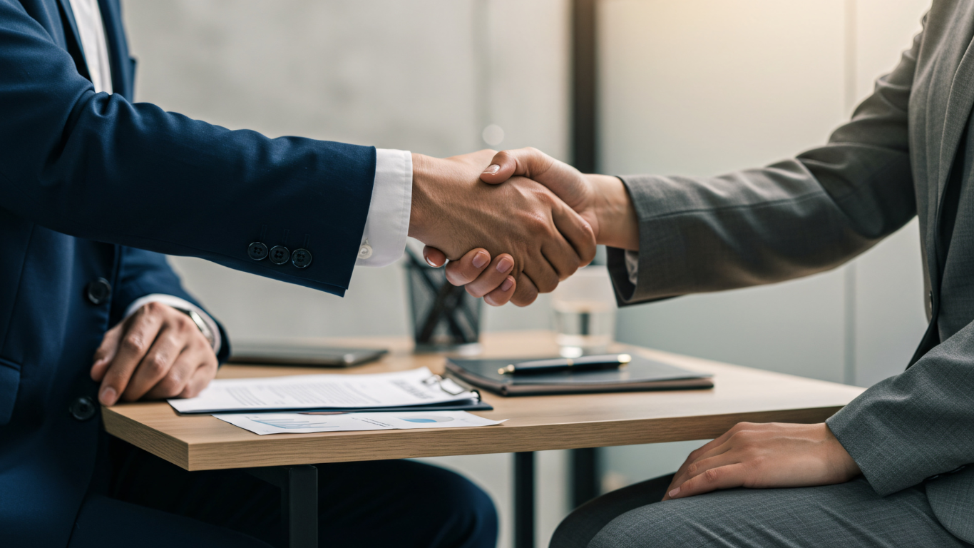 Two business owners shaking hands over general liability insurance contract in Destin